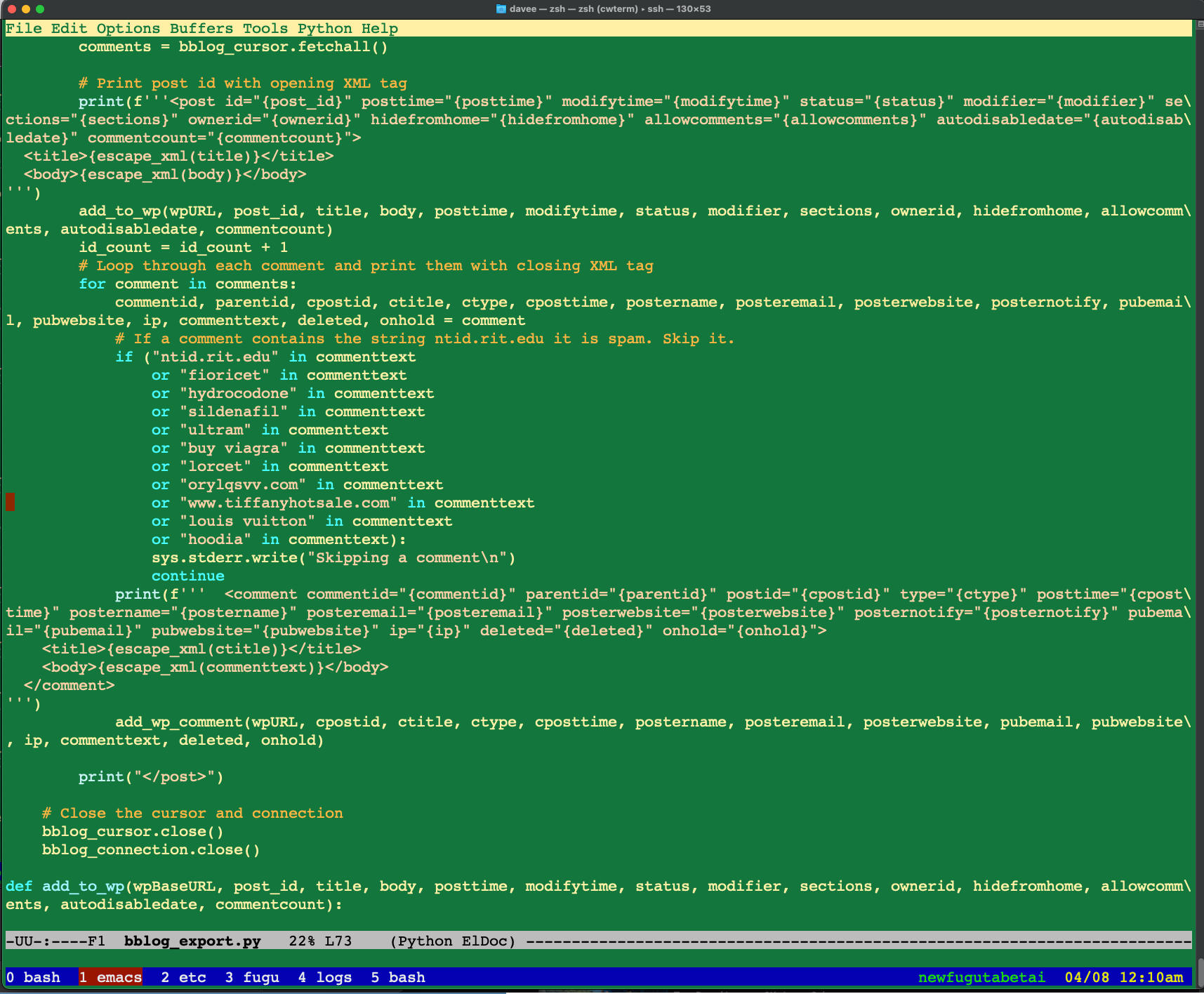 Emacs screenshot of a python script