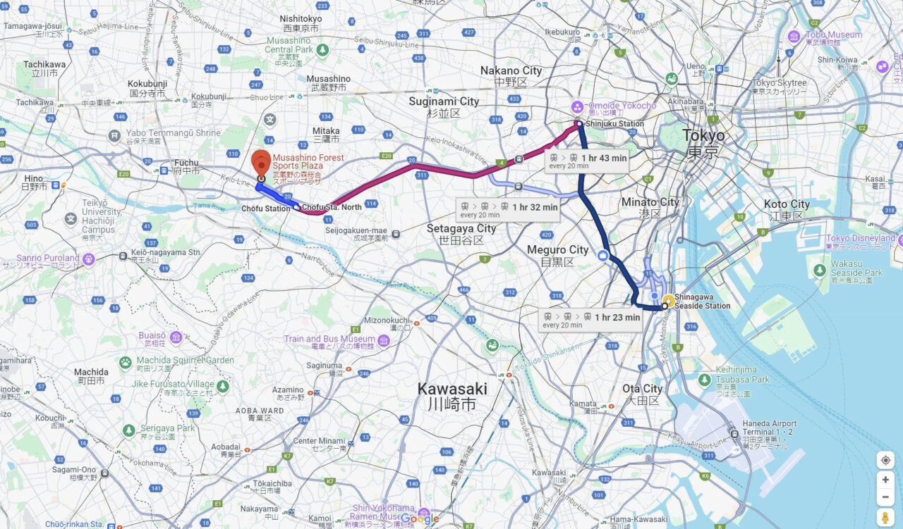 Map from Shinagawa Seaside to Musashino Forest Sports Plaza